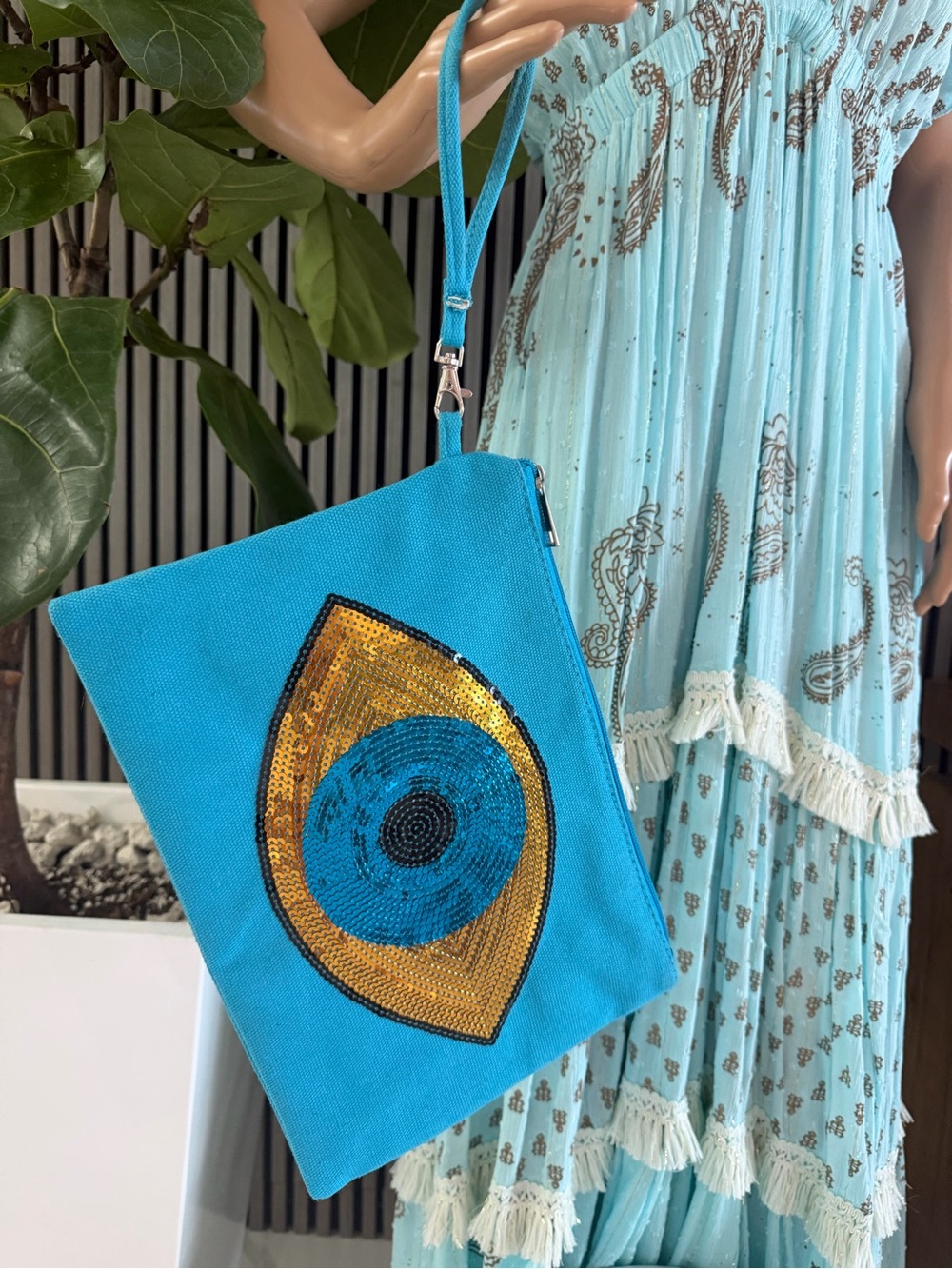 Turquoise Sequin Eye Wristlet Clutch